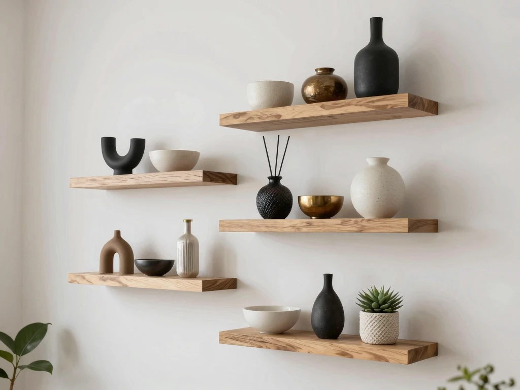 Staggered floating shelves by Klixarunvor